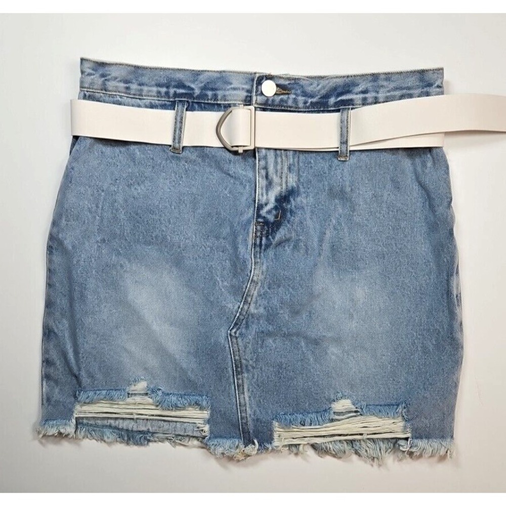 Grey Lab‎ Women's High-Rise Belted Distressed Denim Mini Skirt Size Medium NWOT